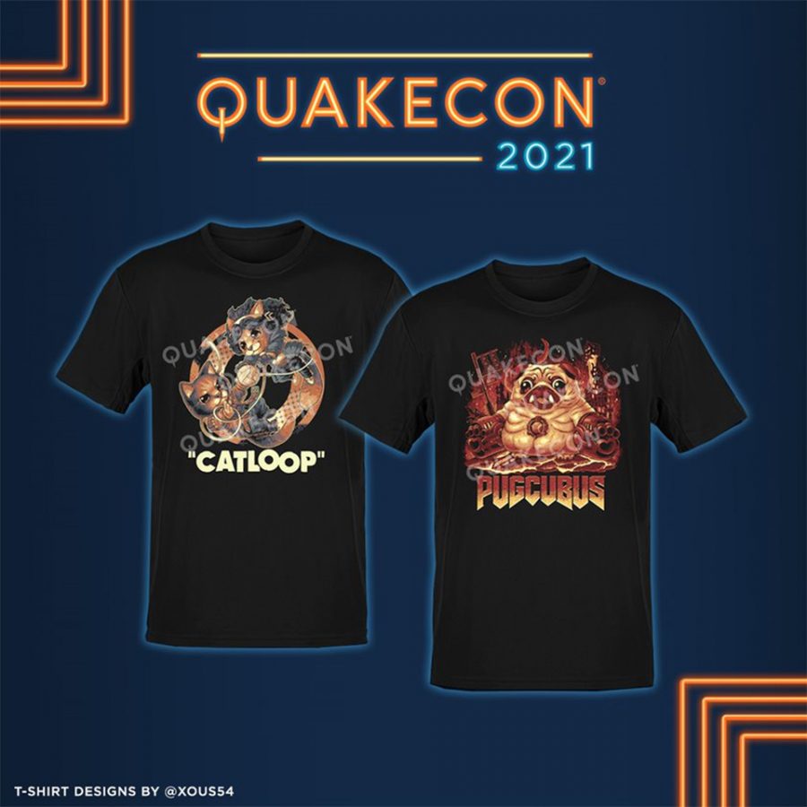 QuakeCon 2021's Catloop and Pugcubus t-shirt designs