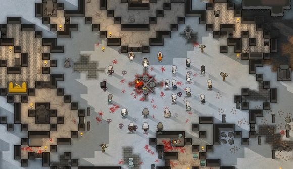 The best Rimworld mods: several hooded colonists are sacrificing something at an altar.