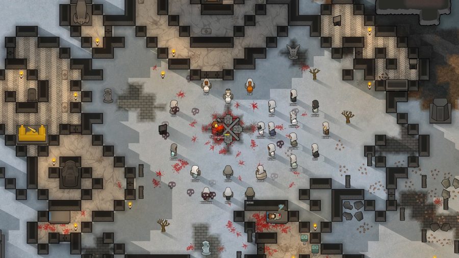 The best Rimworld mods: several hooded colonists are sacrificing something at an altar.