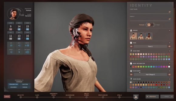Solasta's Sorcerer class appears with the draconic bloodline in a character creator
