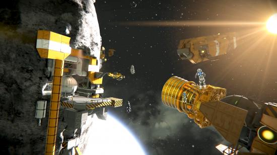 Mining ships approach an asteroid station in simulation game space engineers