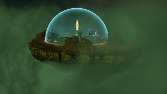 A colony in the city-builder, Sphere, sits on a shard of the moon