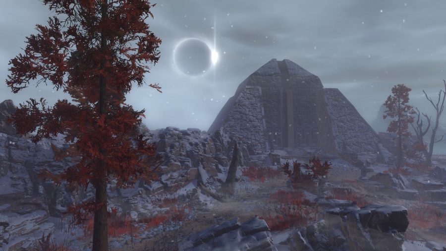 Снежная скалистая планета с большим красным деревом и внушительной крепостью в SWTOR Legacy of the Sith