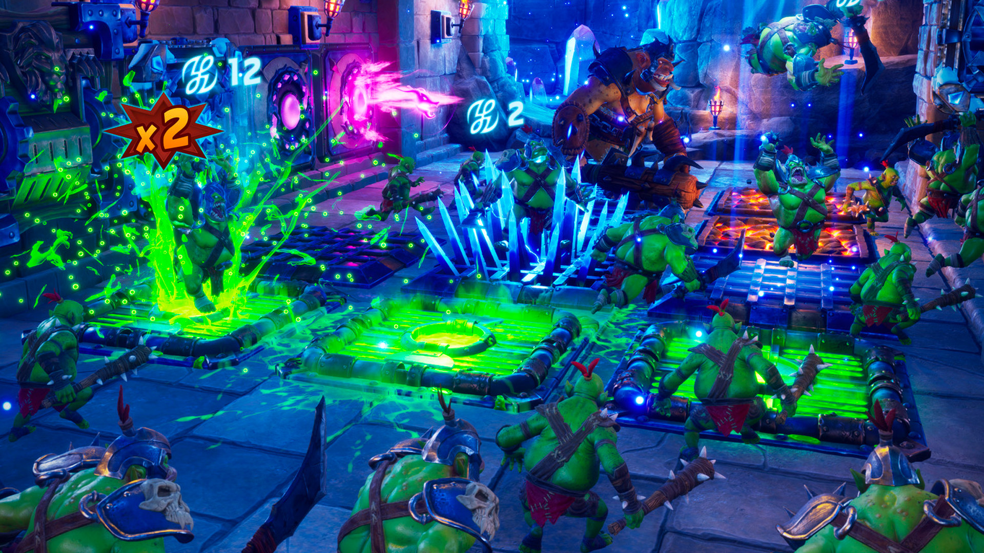 Best tower defense games: green orcs line up in a colourful room as they prepare to move through poison and ice in Orcs Must Die 3.