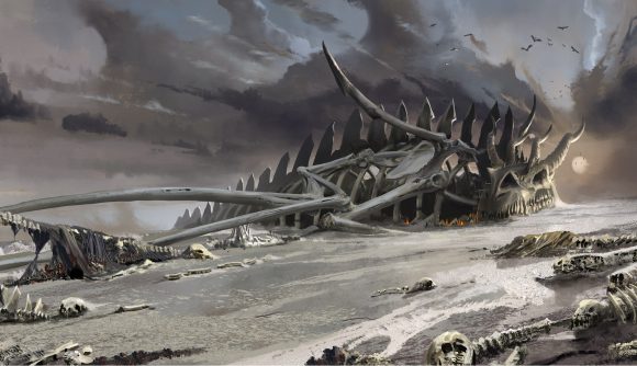 The skeletal remains of a large horned beast and caravan crew lie on the windswept desert sand in Vagrus - The Riven Realms