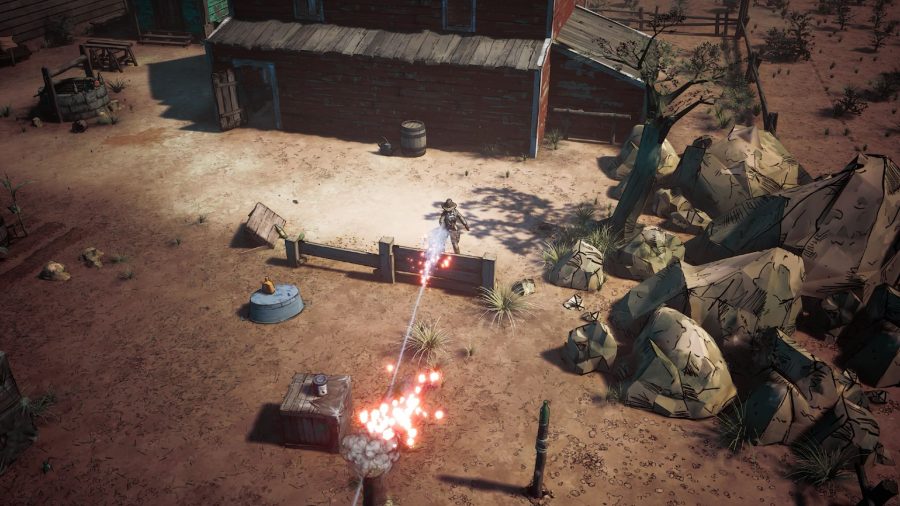 Shooting an oil lamp in isometric immersive sim Weird West