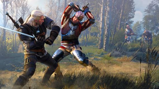 Geralt from The Witcher 3 swings a sword at a soldier in the fantasy game
