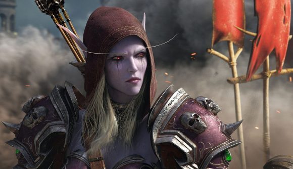 Sylvanas Windrunner from World of Warcraft with an explosion behind her