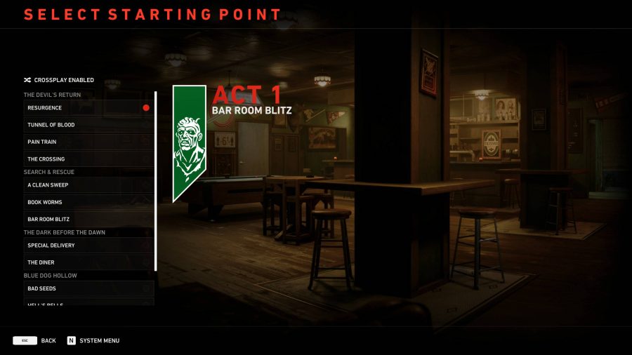 The Back 4 Blood campaign act selection showing the level Bar Room Blitz.