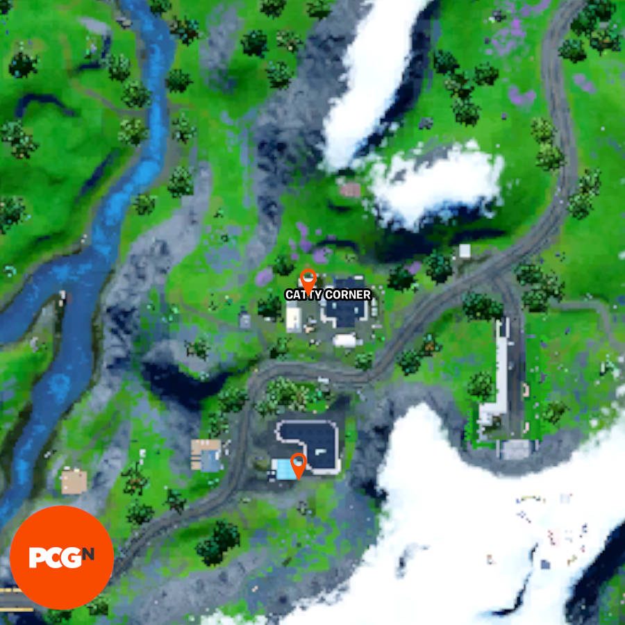 The two book on explosive locations in Fortnite in Catty Corner with pins showing where to find them.