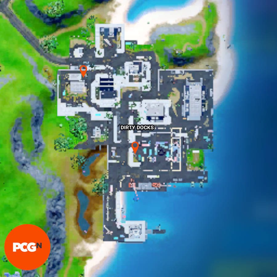 The two book on explosive locations in Fortnite in Dirty Docks with pins showing where to find them.