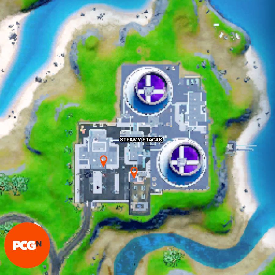 The two book on explosive locations in Fortnite in Steamy Stacks with pins showing where to find them.