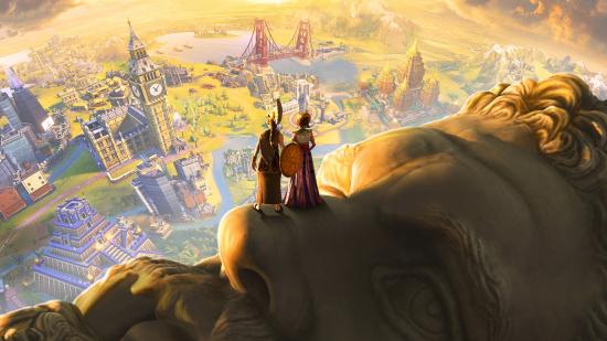 Civ 6 artwork, showing two people standing atop a stone head, looking down at a city below