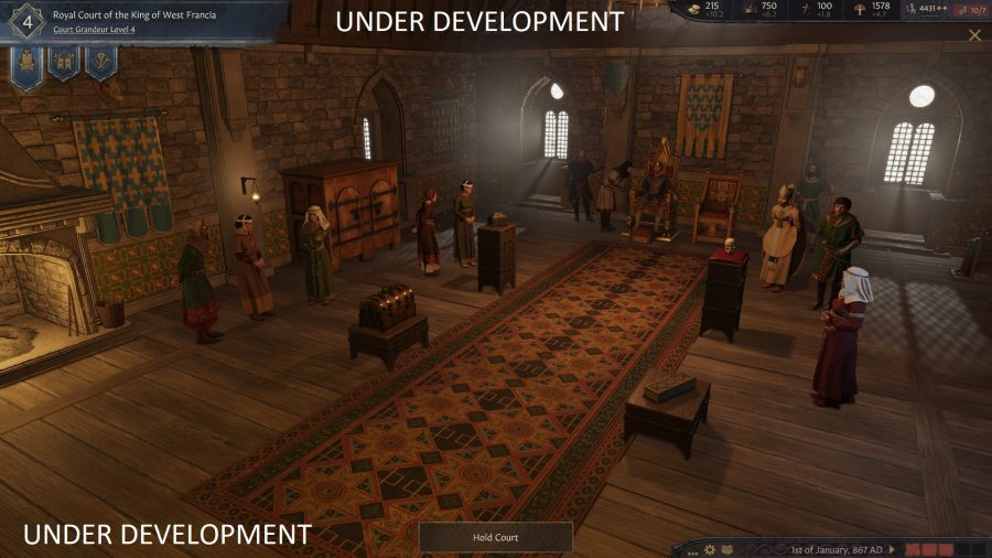A work in progress shot of the new 3D throne room in Crusader Kings 3