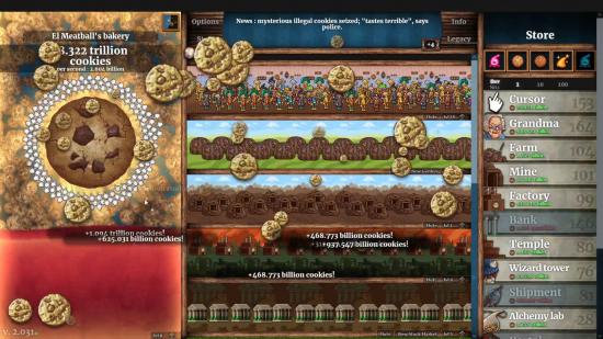 A typical look at multi-billion cookie-per-second operation in Cookie Clicker