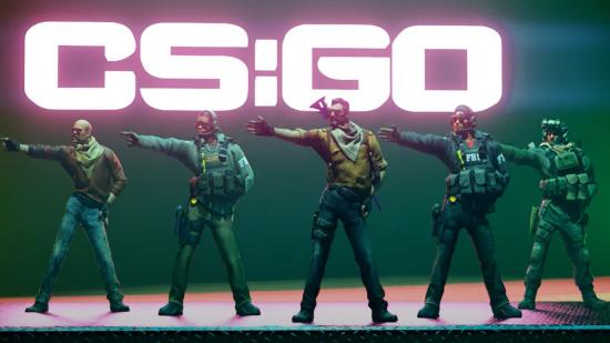 A line of five CSGO characters boogying to upbeat music on a stage with a neon CSGO sign behind