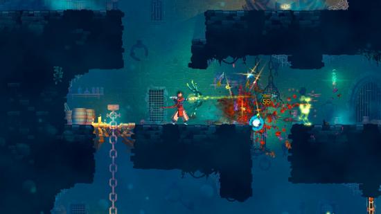 Dead Cells screenshot showing a character using a bow and arrow to kill an enemy, which is dropping lots of loot on the ground.
