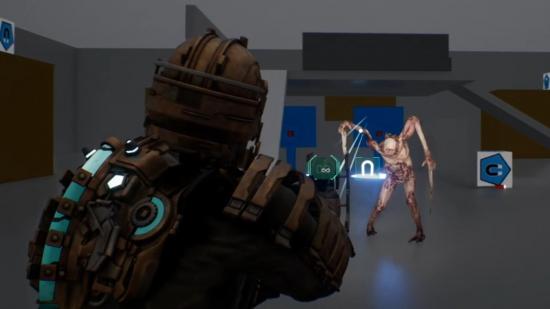Isaac takes aim at a necromorph in a prototype version of the Dead Space remake