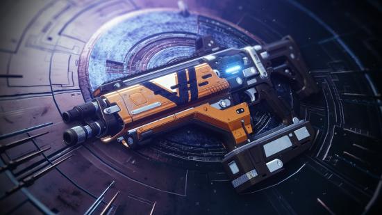 A Destiny 2 exotic weapon, Plug One.1, is seen resting on an inlaid metal surface.