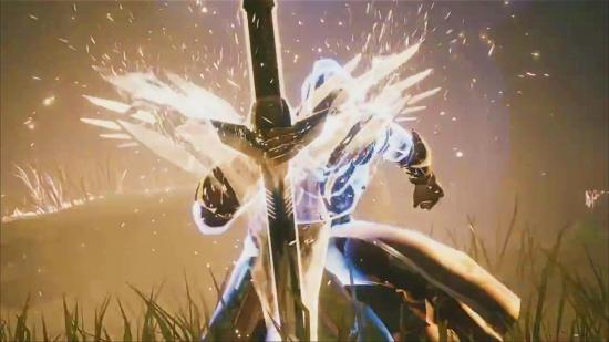 A Warlock crouches to activate their Well of Radiance ability in Destiny 2.