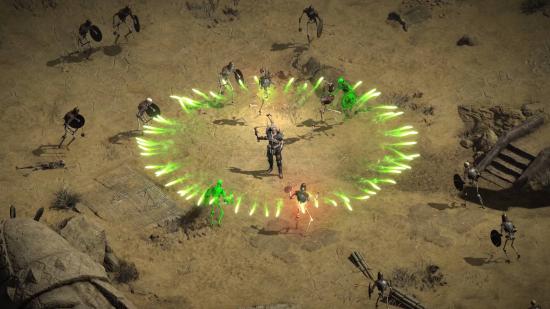 A Necromancer emitting green magic to kill monsters in Diablo 2 Resurrected.