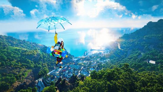 A character paraglies with an umbrella above a gorgeous, nature-filled coastal city in DokeV