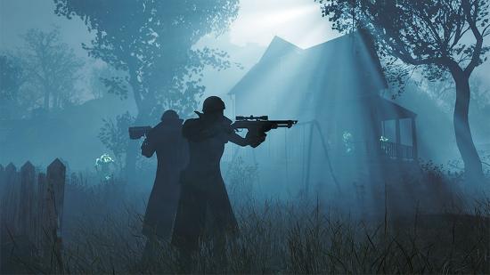 Two silhouetted figures with helmets and rifles stand in a gloomy blue setting with a rickety house behind them