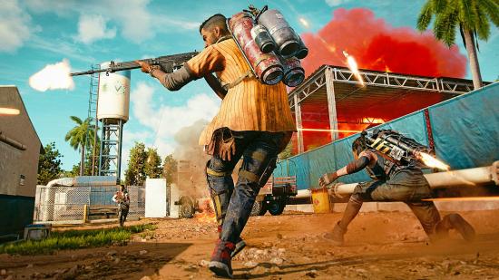 A Far Cry 6 character runs through a dusty, sunny street firing a rifle to his left