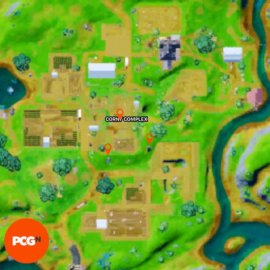 All three locations for the Fortnite cat food pallets, pinpointed on the map.