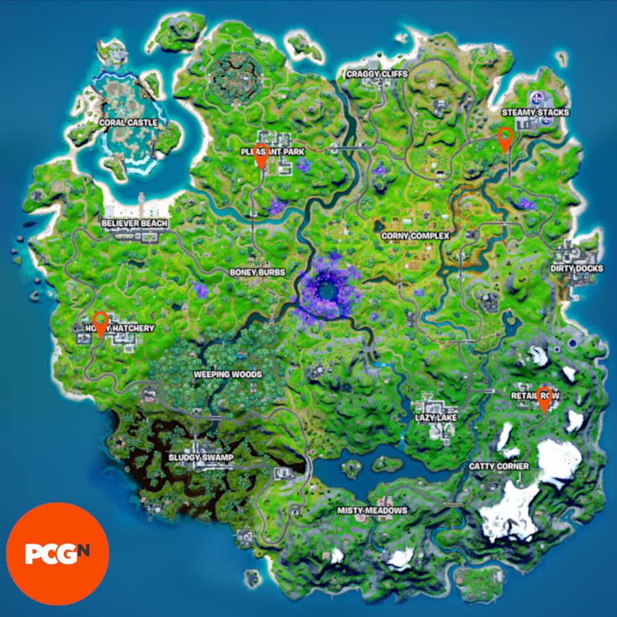 All four bus stops where you can leave secret documents in Fortnite, pinpointed on a map.
