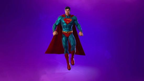 The Fortnite Superman skin is floating in the air, wearing the classic red cape and blue outfit.