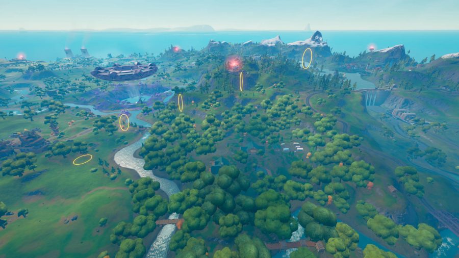 Five gold rings suspended above Weeping Woods that you fly through to get a Fortnite Superman back bling.