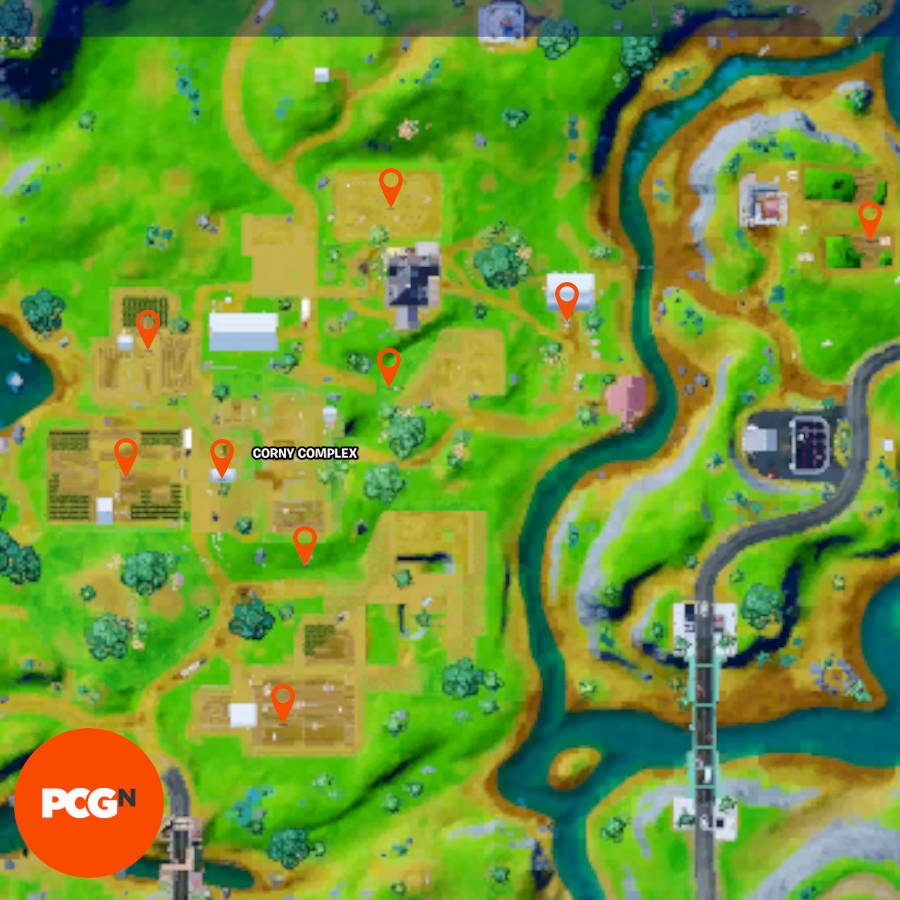 All of the Fortnite tractor locations in and around Corny Complex plotted on a map.