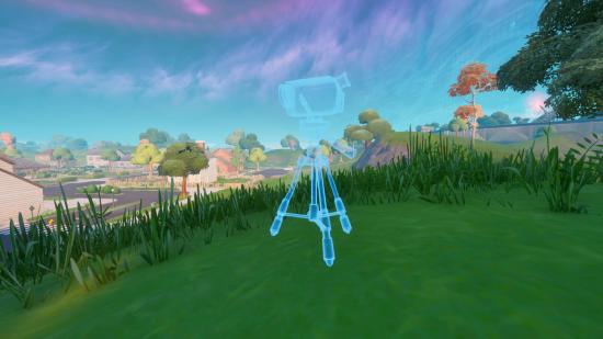 An outline of one of the many Fortnite video cameras on the map. This one overlooks Pleasant Park.
