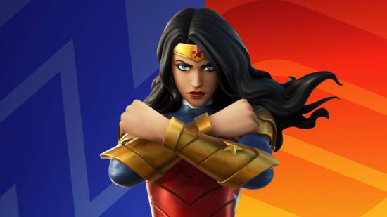 Wonder Woman posing with her arms crossed to show her arm guards in Fortnite.