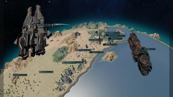 Two ships orbit a planet where expedition forces scout out the terrain below