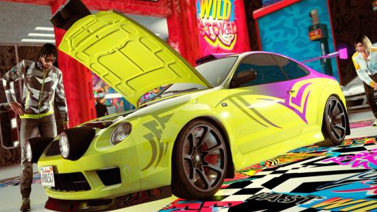 A bright yellow sports car with its hood open in GTA Online