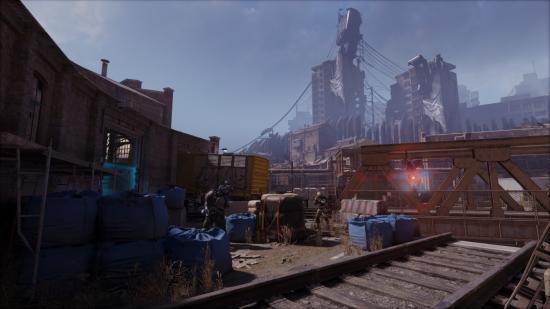 Combine troops ready their weapons in a train yard in the Half-Life: Alyx mod, Loco-Motive.