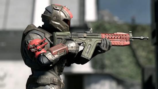 A Spartan readies a rifle in Halo Infinite multiplayer.