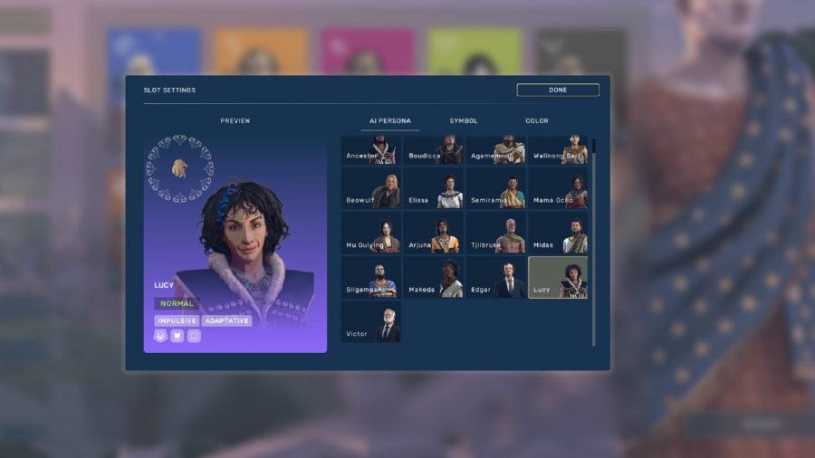 The AI persona select screen in strategy game Humankind