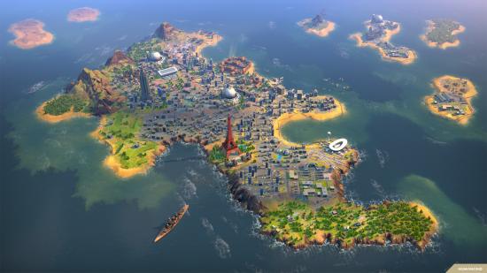 A small island city, with a battleship offshore, in strategy game Humankind