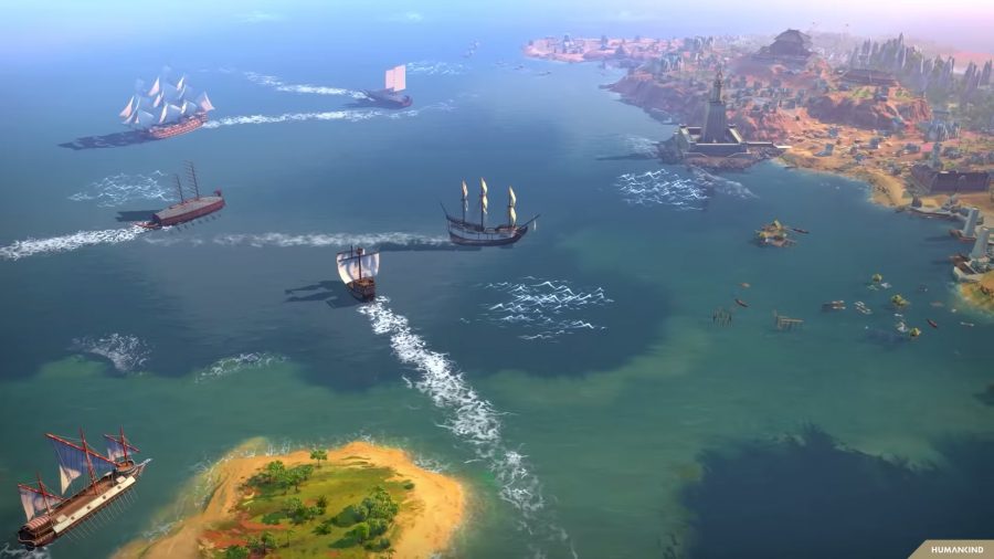 different naval units traverse the waters in strategy game humankind