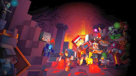 Blocky Minecraft Dungeons characters with swords and armour