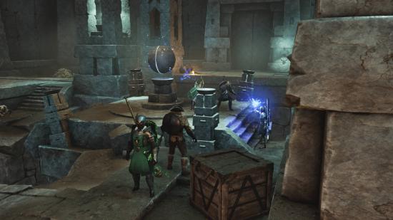 Several players gathered around pillars in the New World Amrine Excavation.