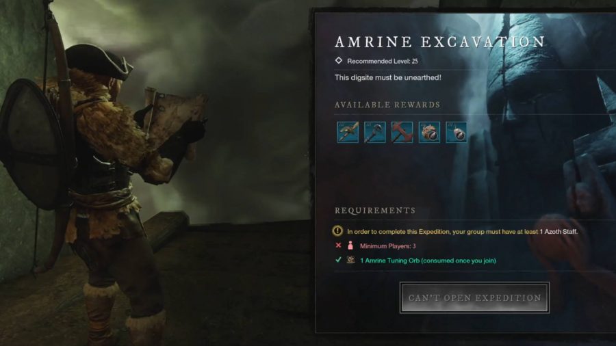 A list of the available rewards for completing the Amrine Excavation in New World. The player is reading a map.