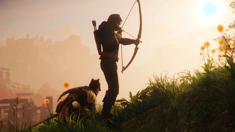 An archer in New World aims an arrow from the top of a grassy hill