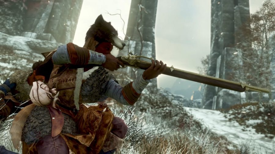 A player in a wolf hat aims their musket in the snow in New World