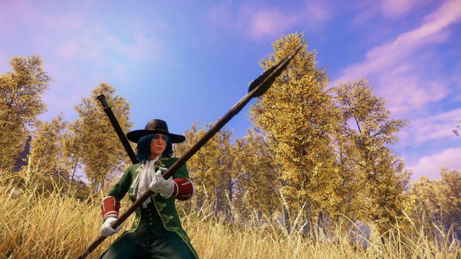 Standing in a meadow in New World, holding a spear
