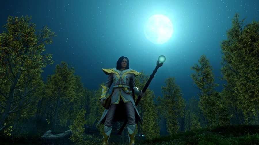 A New World character holding a glowing staff as the moon shines behind them