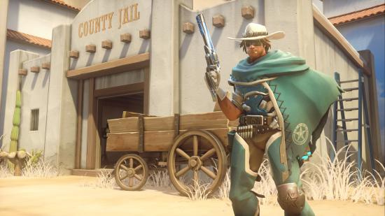 McCree stands outside a jail in Overwatch.